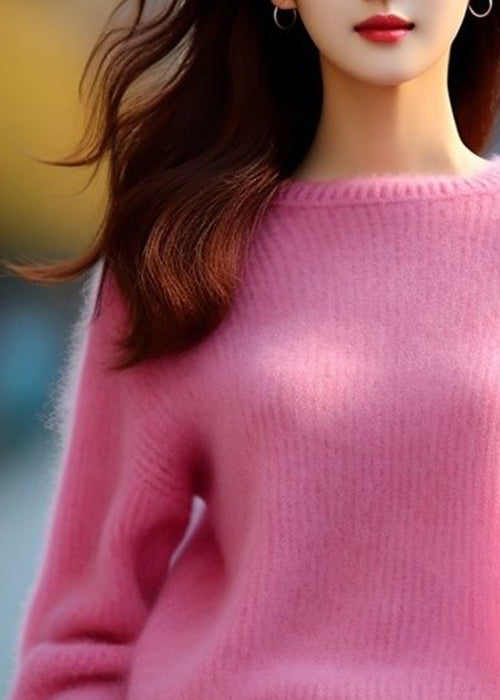 Pink O Neck Cotton Knit Sweaters Spring
