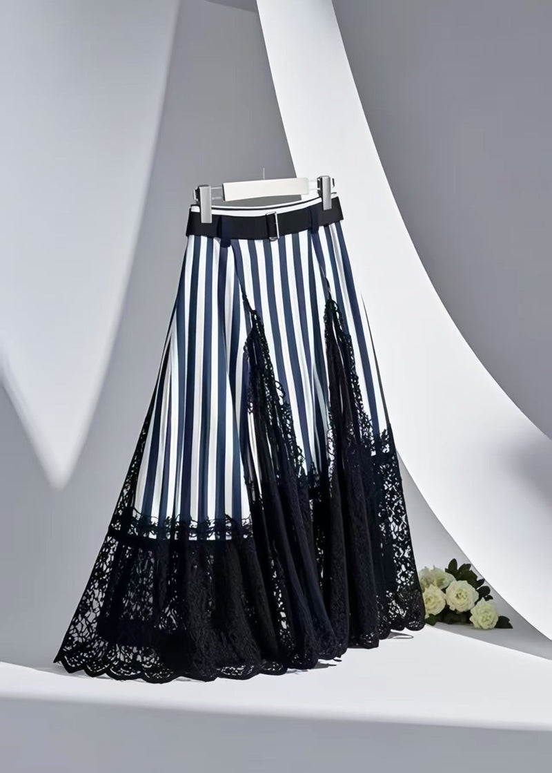 Modern Navy Striped Patchwork Lace Skirt Summer