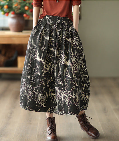 Printed Cotton and Linen Slim Elastic Waist A-line Skirt