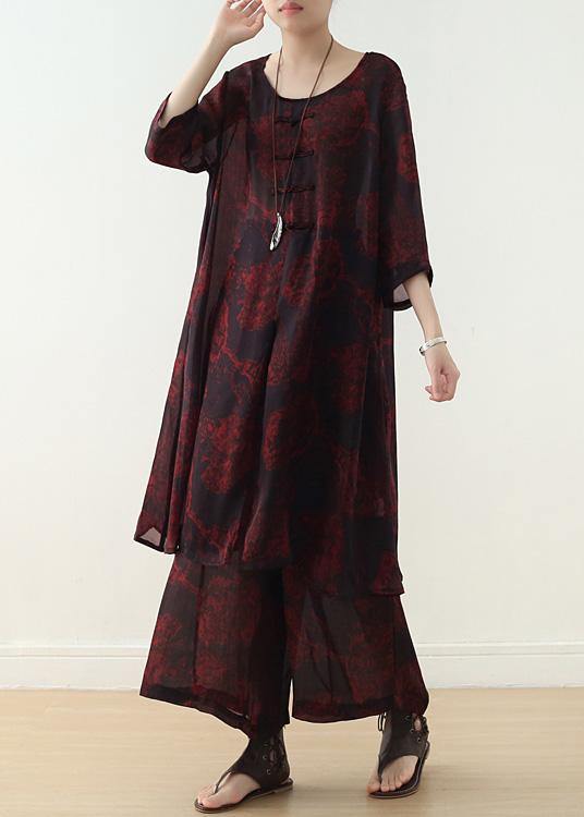 Red Prints Two Pieces Bracelet Sleeved Dress and Wide Leg Pants