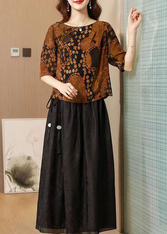 Chocolate O-neck Print Silk Tops and Skirts Two Pieces Set Summer