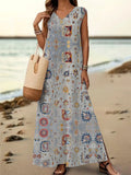 Women's Vintage Ethnic Tattoo Pattern Art Print V-Neck Sleeveless Cott