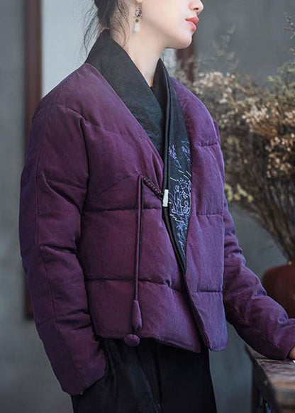 Pink Purple Embroidered Patchwork Duck Down Puffers Coats Winter