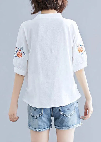 Natural White Embroidery Linen Clothes Work Outfits V Neck Summer Blouses
