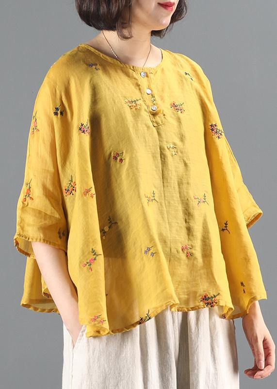 O Neck Batwing Sleeve Tunic Wardrobes Yellow Embroidery Blouses