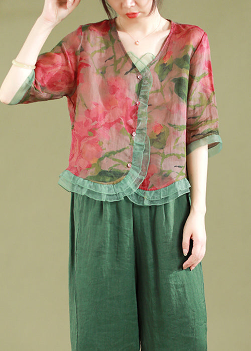 Red Ruffled Button Patchwork Linen Blouse Top Summer