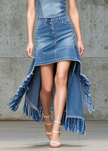Blue Asymmetrical Tasseled Denim Skirts Spring