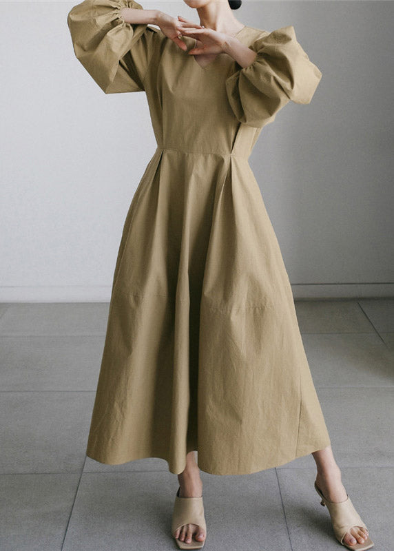 Khaki V Neck Patchwork Zippered Cotton Vacation Dresses Long Sleeve
