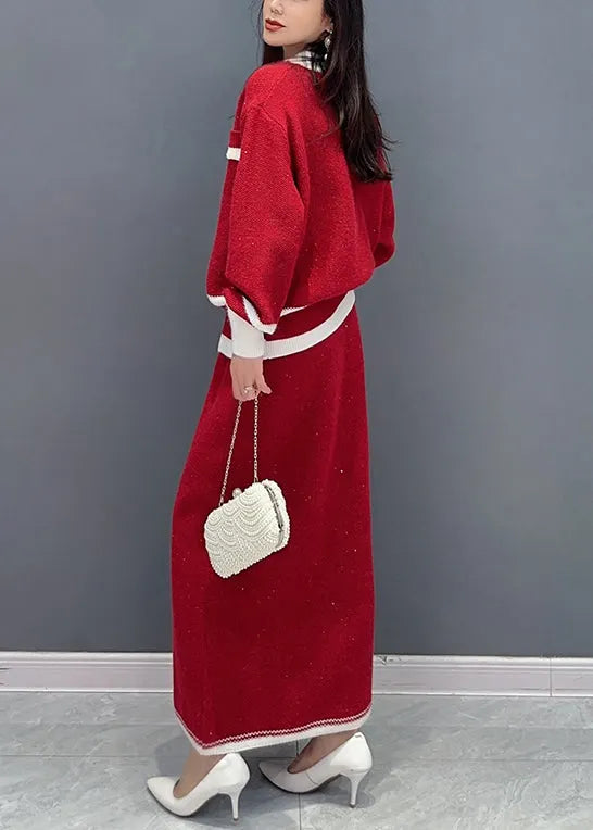 Autumn New Versatile Red Small Fragrant Coat and Skirts Two Piece Set
