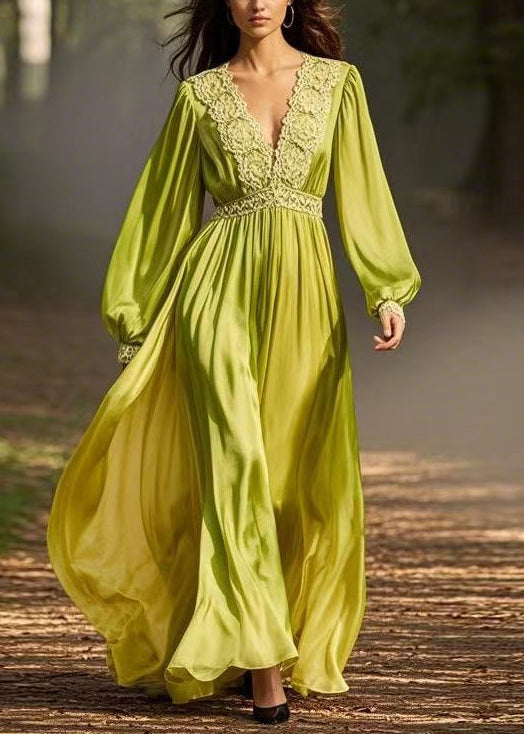 Green Wrinkled Chiffon Long Dresses V Neck Spring