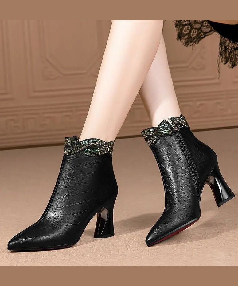 Black Pointed Toe Cowhide Leather Boots Splicing Zircon