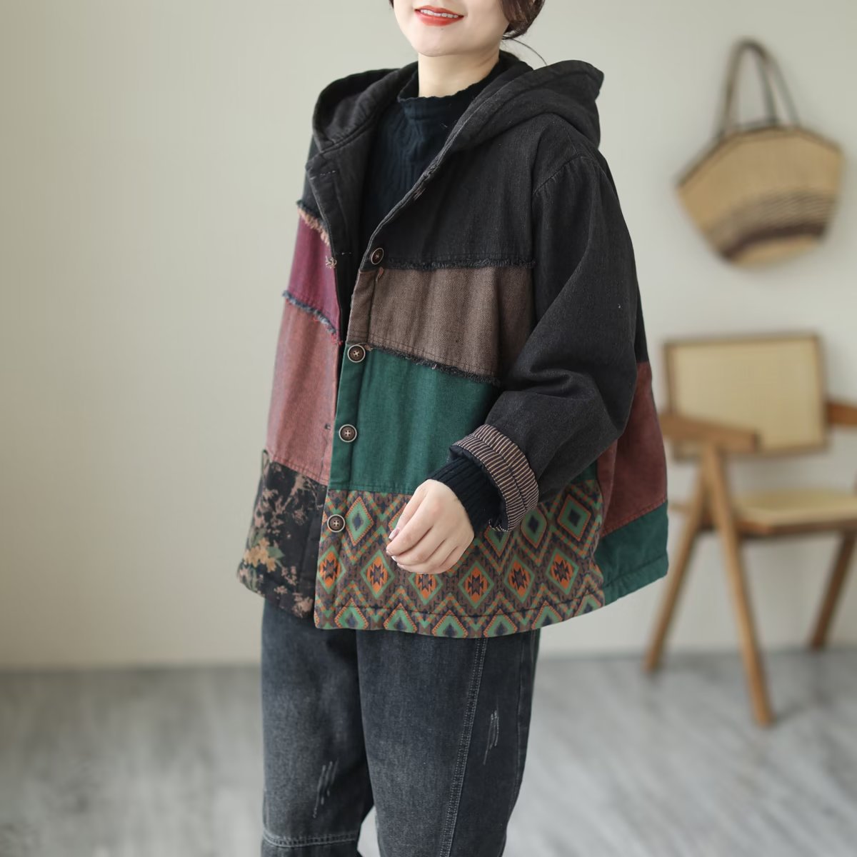 Padded Thick Loose Colorblock Denim Jacket