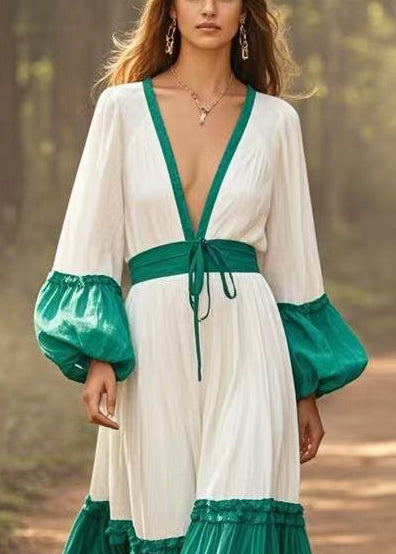 White Cinched Patchwork Cotton Maxi Dresses Lantern Sleeve