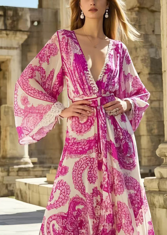 Rose Print Exra Large Hem Chiffon Vacation Dresses Spring