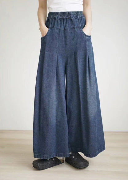 Spring Summer Blue Elastic Waist Wrinkled Wide Leg Pants