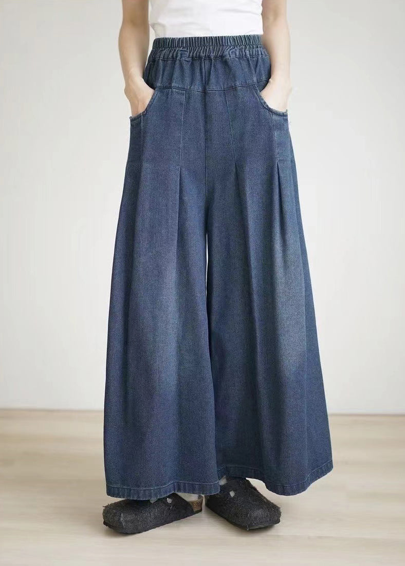 Spring Summer Blue Elastic Waist Wrinkled Wide Leg Pants