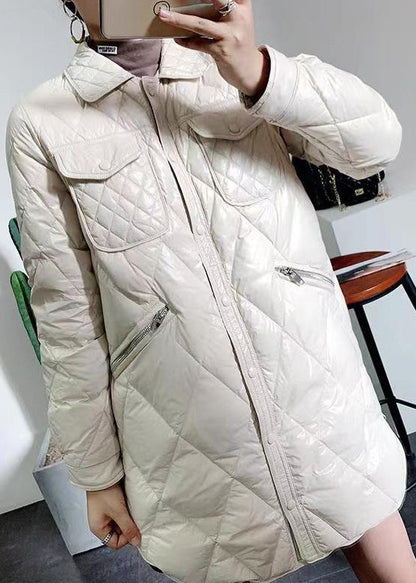 Beige Peter Pan Collar Pockets Patchwork Duck Down Coat Winter