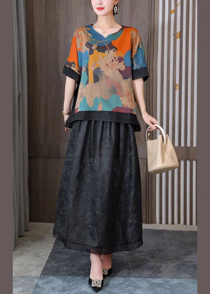Retro Blue Print V Neck Patchwork Silk Tops and Skirts Two Pieces Set Summer