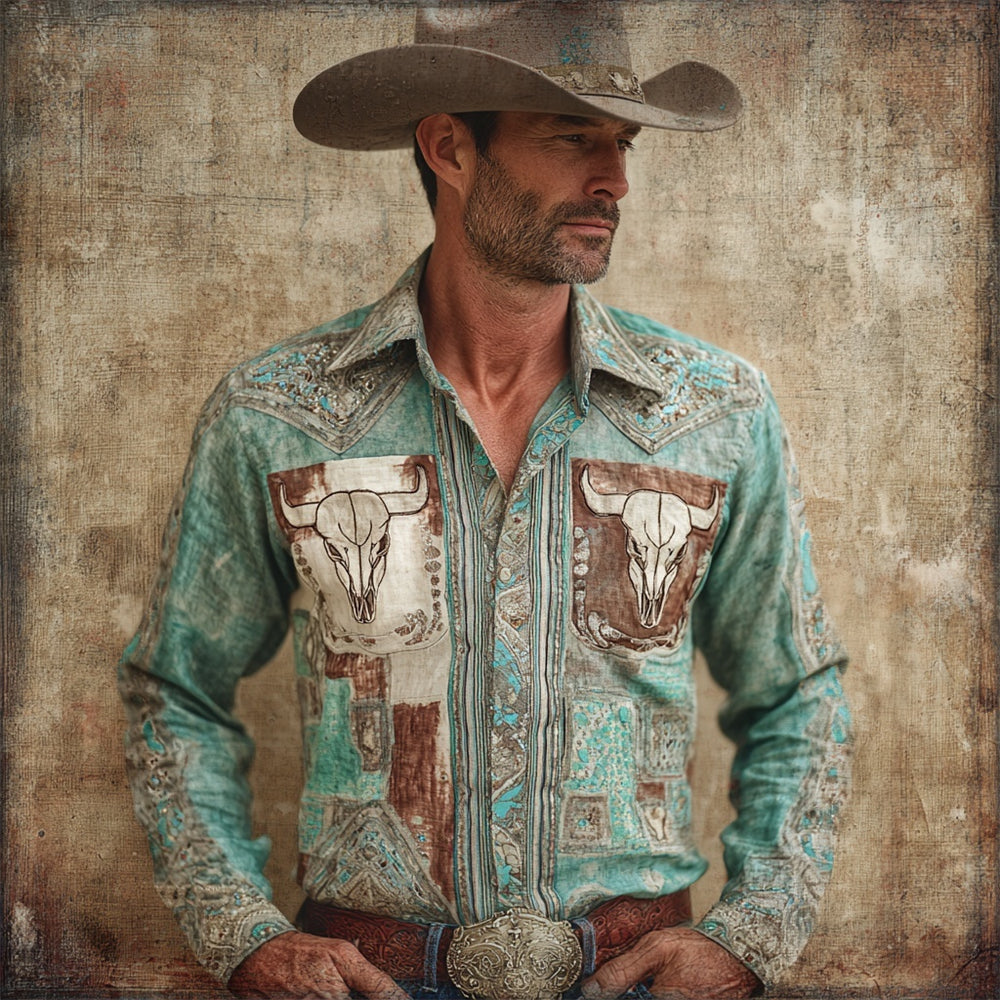 Western Bull Skull Pattern Men's Linen Long Sleeve Shirt elevenforest