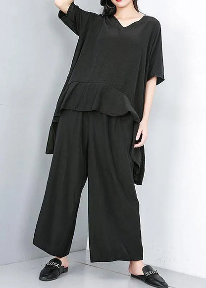 Style Cotton Korea Summer Pure Color Irregular Blouse and Wide Leg Pants