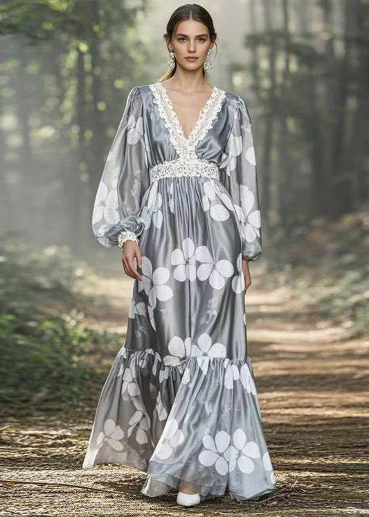 Unique Grey V Neck Print Wrinkled Patchwork Silk Dress Spring
