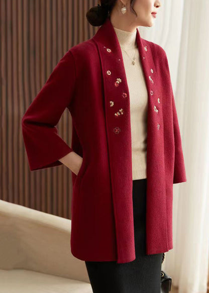 Red Embroideried Pockets Patchwork Knit Cardigans Fall