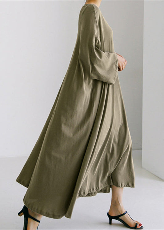 Army Green O-neck Cotton Maxi Dress Long Sleeve