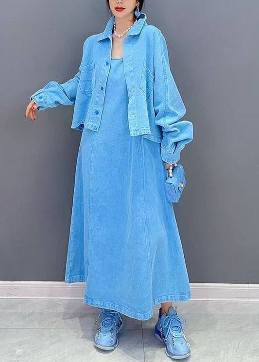 Blue Patchwork Button Coats and Maxi Dresses Two-piece Set Fall