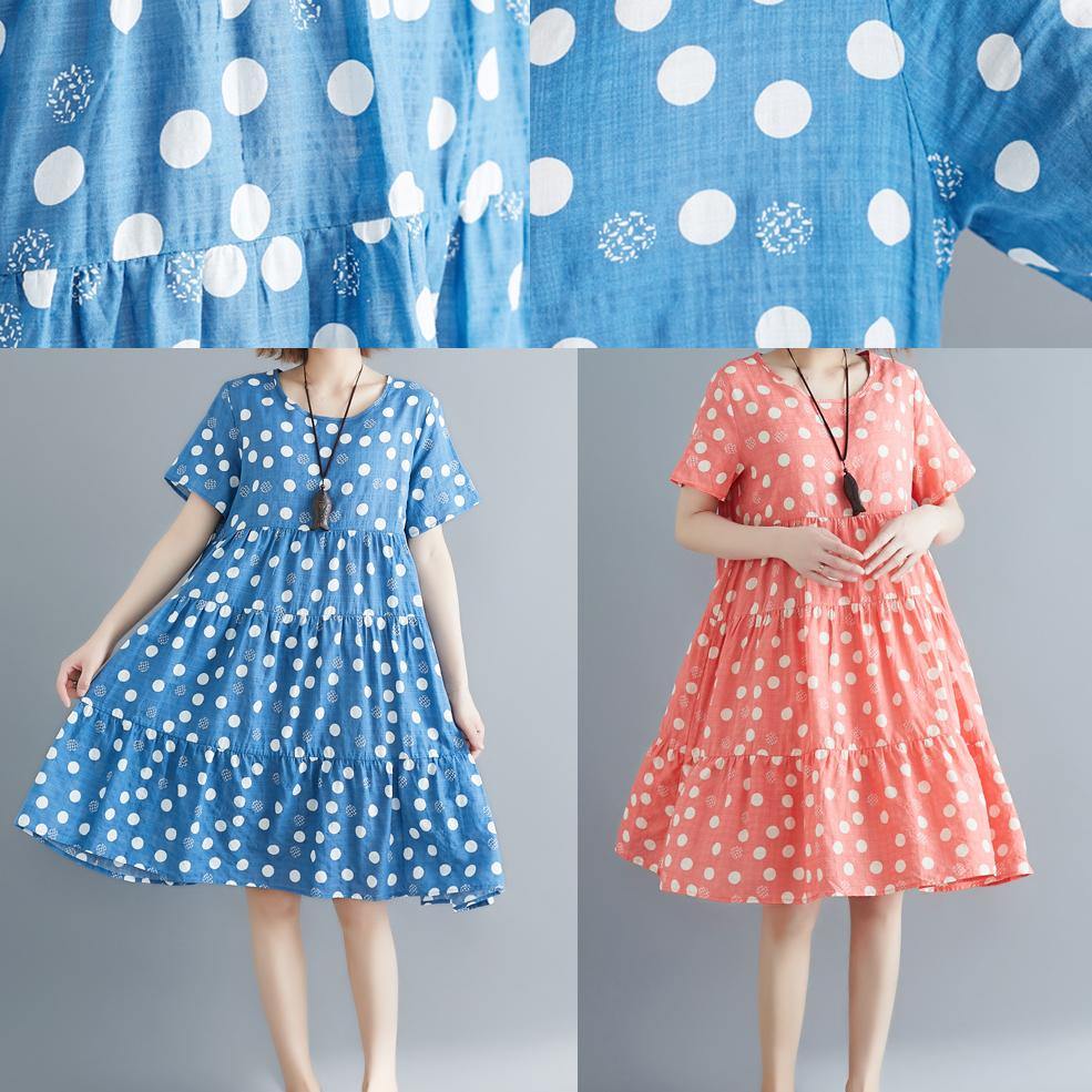 O Neck Cinched Cotton Linen Blue Print Dresses Summer