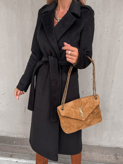 Coats Simple Lapel Belted Long Sleeve Woolen Coat