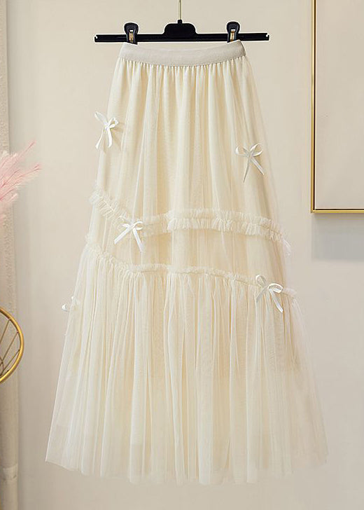 New Apricot Elastic Waist Tulle Pleated Skirt