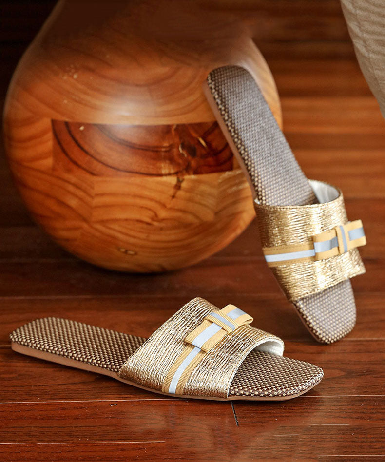 Gold Metal Cotton Fabric Splicing Slippers Shoes Peep Toe