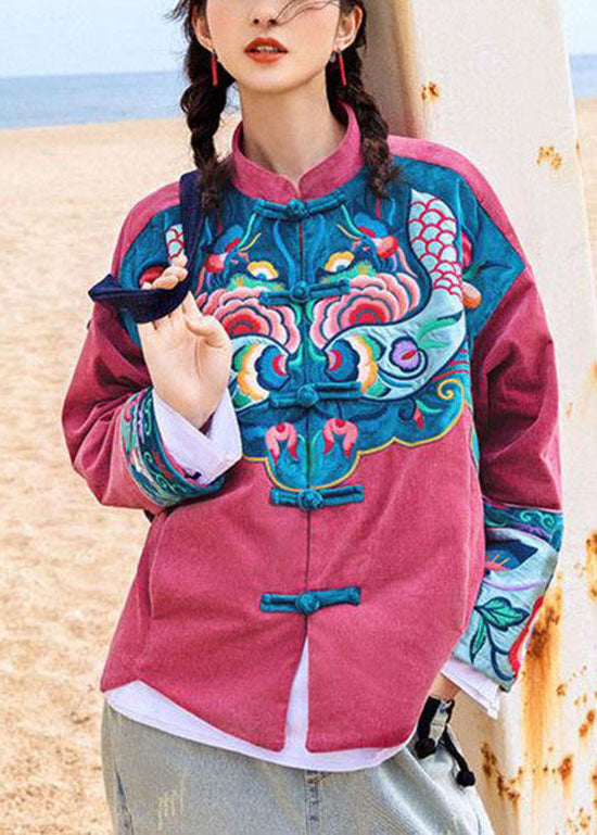 Unique Red Button Stand Collar Embroideried Corduroy Coat