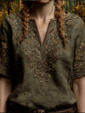 Viking Embroidery Small V-neck Short-sleeved Shirt elevenforest