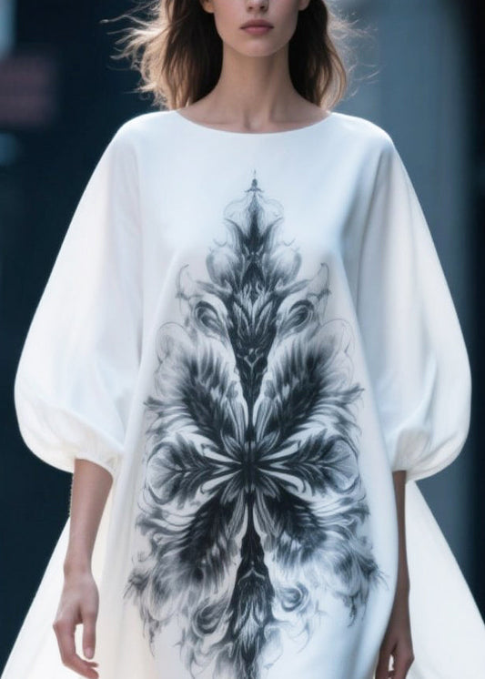 White Oversized Print Chiffon Vacation Dresses Puff Sleeve