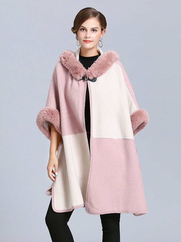 Poncho Cape Faux Fur Hooded Plaid Cape Coat