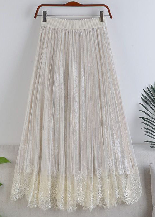 Apricot Lace Tulle Patchwork Velour Pleated Skirt Spring