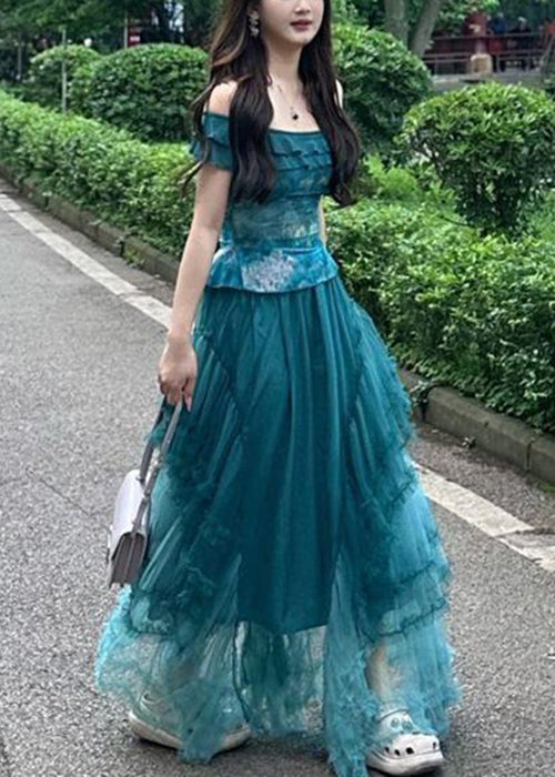 New Blue Slash Neck Tops and Ruffled Skirts Two Pieces Set Summer