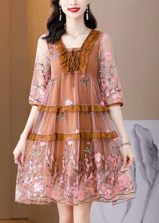Diy Coffee Embroideried Ruffled Lace Up Organza Dresses Half Sleeve