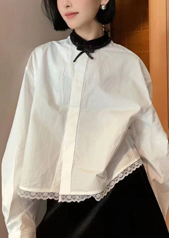 French White Lace Patchwork Cotton Blouse Long Sleeve