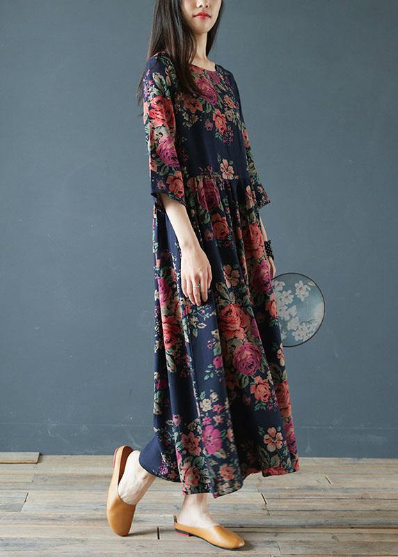 Italian O Neck Half Sleeve Cotton Clothes Neckline Blue Print Loose Dresses