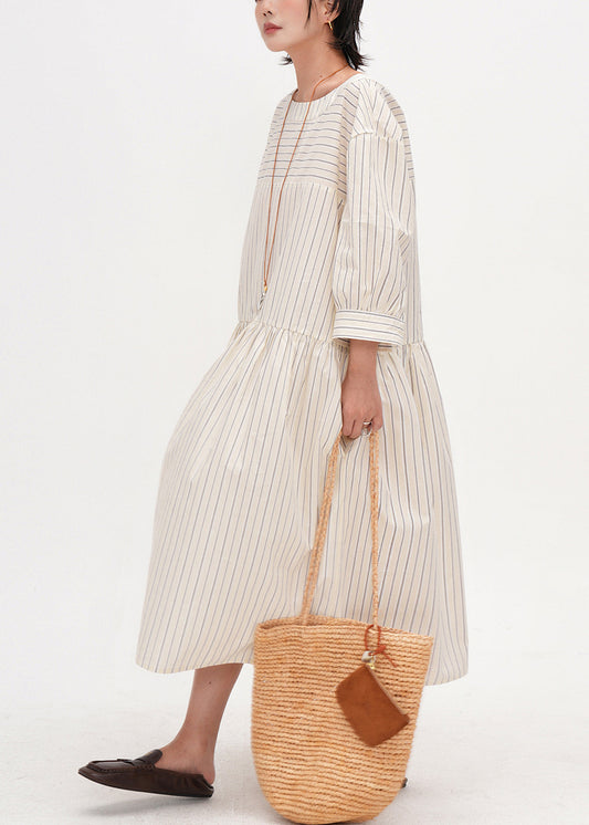Beige Oversized Striped Cotton Maxi Dresses Bracelet Sleeve