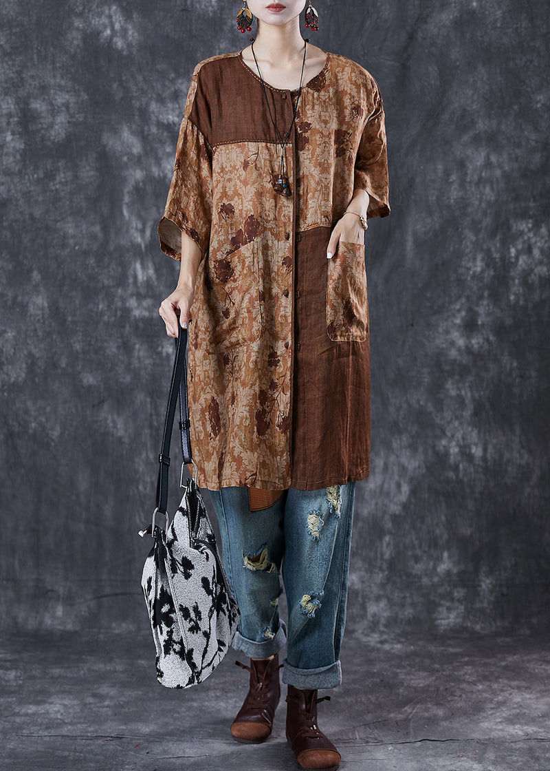 Khaki Oversized Patchwork Linen Dresses Summer
