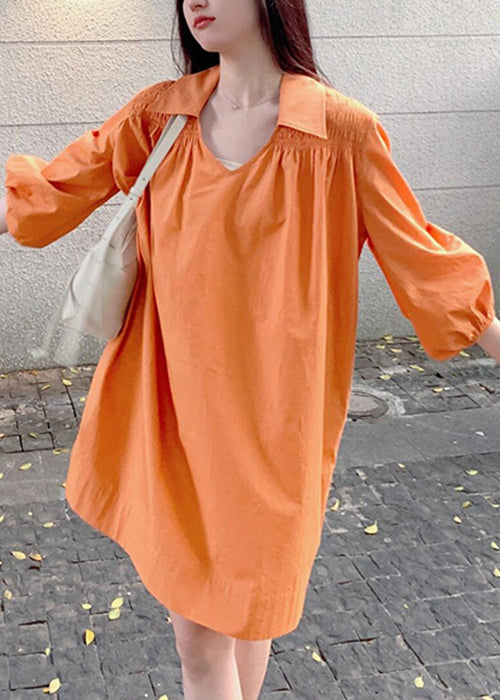 Orange Peter Pan Collar Wrinkled Cotton Shirts Dresses Lantern Sleeve