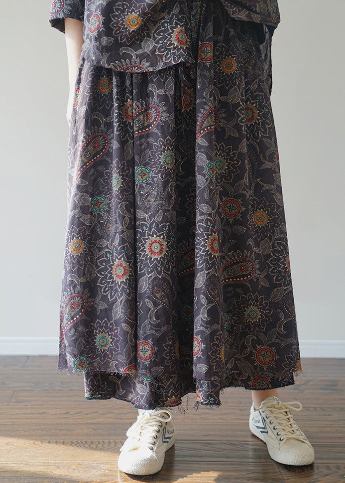 Black Elastic Waist Drawstring Print Patchwork Cotton Skirt Spring