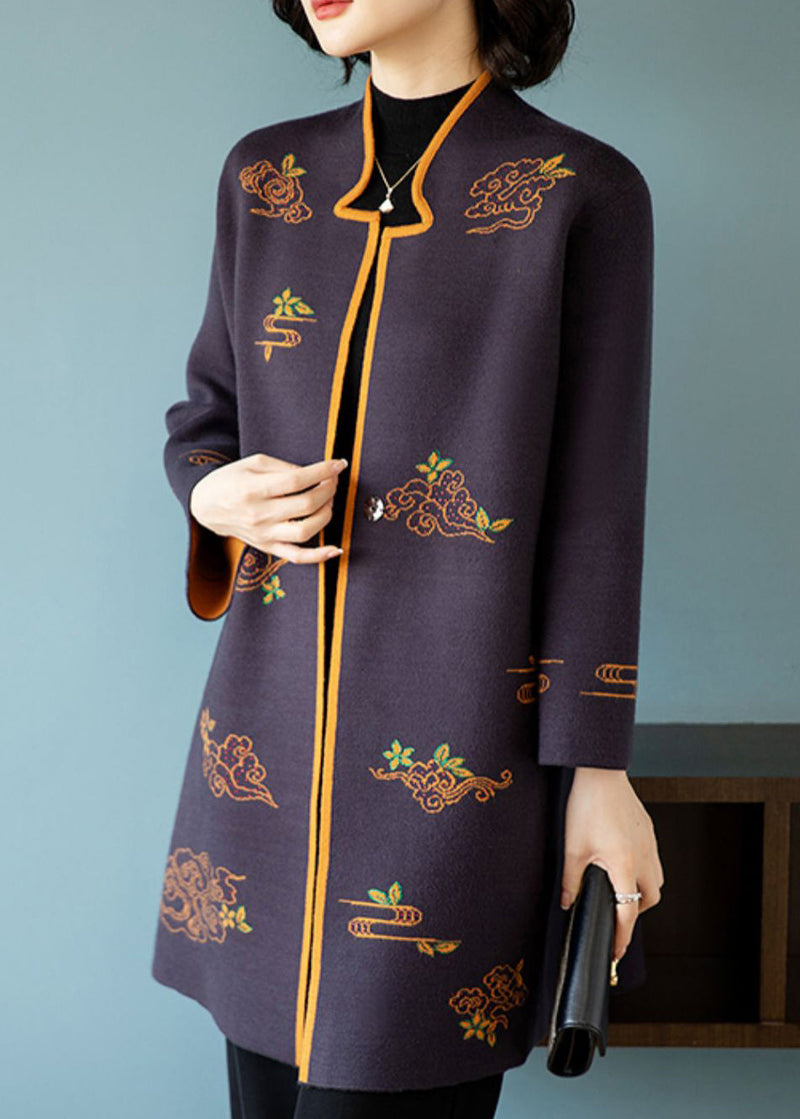 Dark Purple Stand Collar Embroidered Patchwork Wool Coats Fall