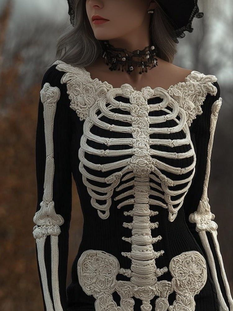 Comstylish Halloween White Skull Round Neck Sweater