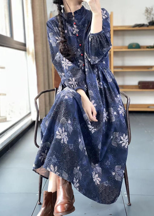 Khaki Button Ruffled Print Dress