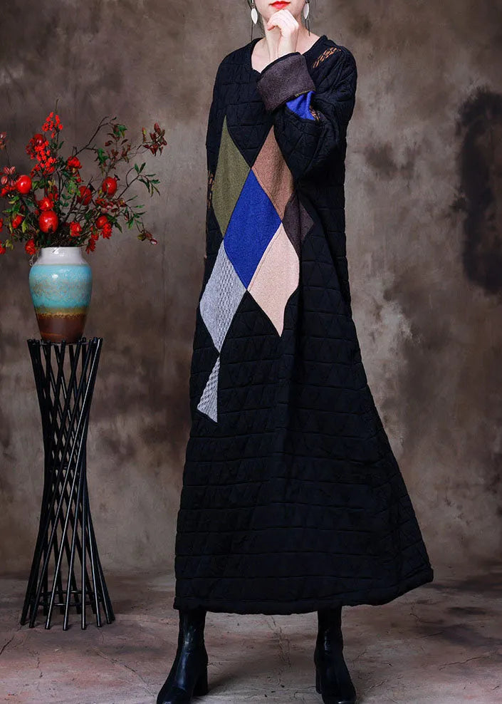 Fine Black O-neck Oversized Print Fine Cotton Filled Maxi Dresses Gown Winter