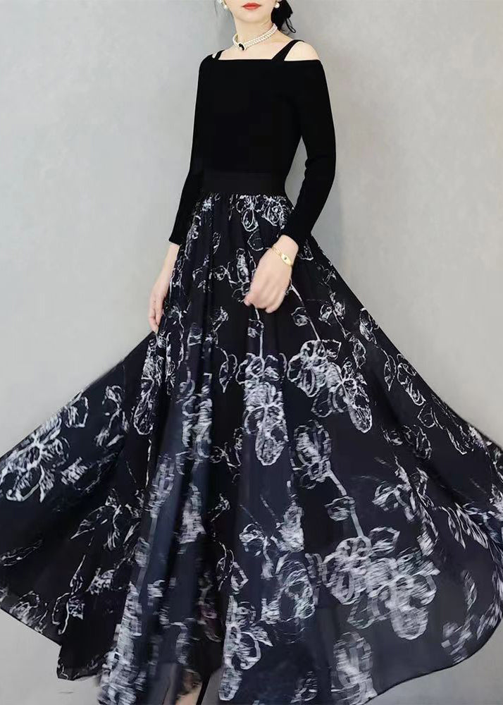Black Wrinkled Print Exra Large Hem Chiffon Skirts Summer